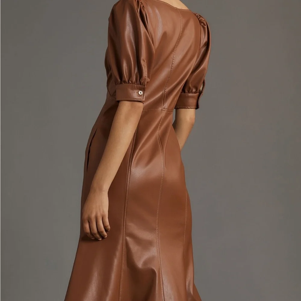 Anthropologie Faux-Leather Puff-Sleeve Zip-Front Midi Dress In Brown NWT - Picture 2 of 4